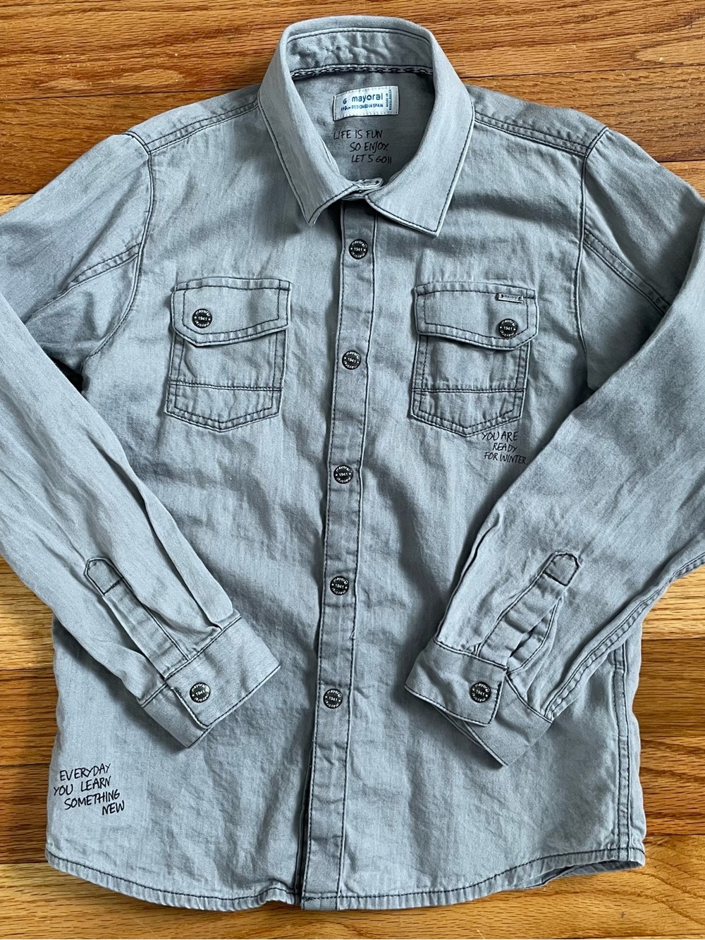Mayoral Gray Casual Button-Down Shirt 100% Cotton Positive Messaging Size 6